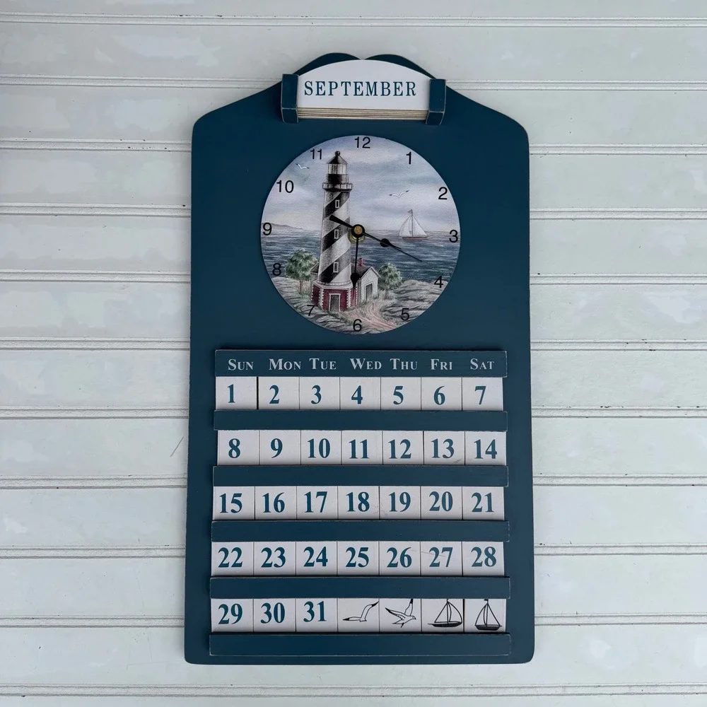 Nautical Wooden Wall Clock Perpetual Calendar Lighthouse Sailboat Blue Decor